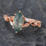 Marquise Cut Moss Agate Split Shank Engagement Ring Rose Gold