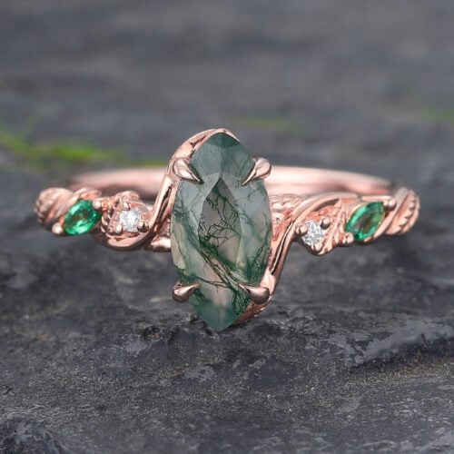 Marquise Cut Moss Agate Engagement Ring with Emerald & Diamond Accented