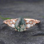 Pear Cut Moss Agate Cluster Engagement Ring Twisted Promise Ring