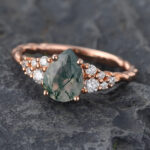 Pear Cut Moss Agate Cluster Engagement Ring Twisted Promise Ring