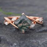Princess Cut Moss Agate Split Shank Engagement Ring 14K Rose Gold