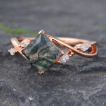 Princess Cut Moss Agate Split Shank Engagement Ring 14K Rose Gold