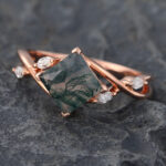 Princess Cut Moss Agate Split Shank Engagement Ring 14K Rose Gold