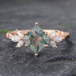 Princess Cut Moss Agate Twisted Engagement Ring 14K Rose Gold