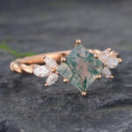 Princess Cut Moss Agate Twisted Engagement Ring 14K Rose Gold