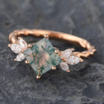 Princess Cut Moss Agate Twisted Engagement Ring 14K Rose Gold