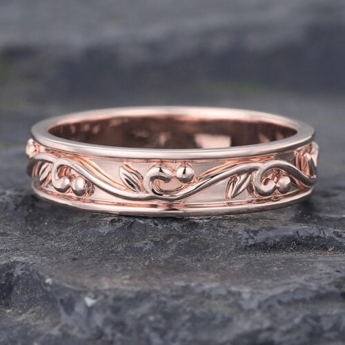 Filigree Engrave Solid Wedding Band for Men Rose Gold Stacking Ring