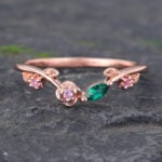Rose Gold Floral Emerald & Pink Sapphire Curved Wedding Band