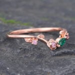 Rose Gold Floral Emerald & Pink Sapphire Curved Wedding Band