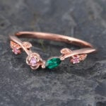Rose Gold Floral Emerald & Pink Sapphire Curved Wedding Band