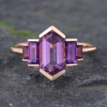 Art Deco Elongated Hexagon Cut Amethyst Engagement Ring 14K Rose Gold