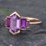 Art Deco Elongated Hexagon Cut Amethyst Engagement Ring 14K Rose Gold