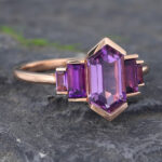 Art Deco Elongated Hexagon Cut Amethyst Engagement Ring 14K Rose Gold