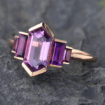 Art Deco Elongated Hexagon Cut Amethyst Engagement Ring 14K Rose Gold
