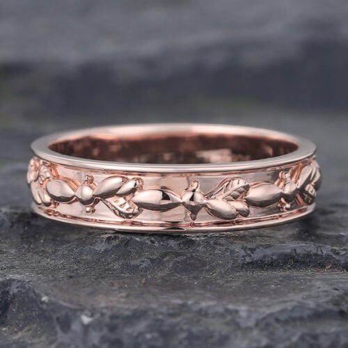 Vintage Leaf Men's Engrave Wedding Band Rose Gold Stacking Ring