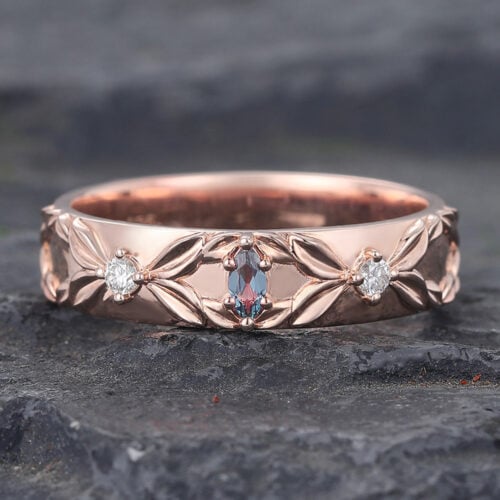 Rose Gold Marquise Cut Alexandrite Wedding Band for Men
