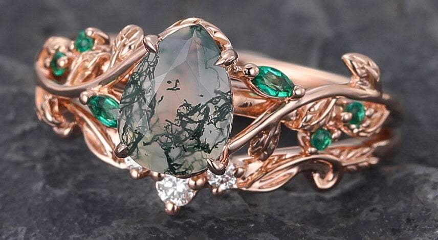 Rose Gold Pear Cut Moss Agate Nature Inspired Engagement Ring Set (5)