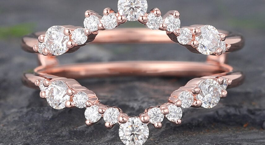 Rose Gold Round Moissanite Double Wedding Band (1) Rose Gold Round Moissanite Double Wedding Band (1)