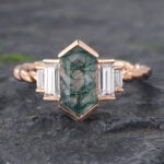 Long Hexagon Cut Moss Agate Twisted Engagement Ring with Baguette Accented
