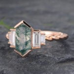 Long Hexagon Cut Moss Agate Twisted Engagement Ring with Baguette Accented