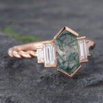 Long Hexagon Cut Moss Agate Twisted Engagement Ring with Baguette Accented
