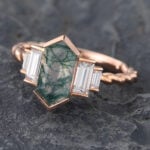 Long Hexagon Cut Moss Agate Twisted Engagement Ring with Baguette Accented