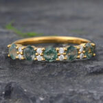 Round Moss Agate & Moissanite Wedding Band 14K Yellow Gold