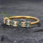 Round Moss Agate & Moissanite Wedding Band 14K Yellow Gold