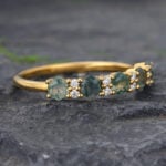 Round Moss Agate & Moissanite Wedding Band 14K Yellow Gold