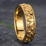 Yellow Gold Engraved Solid Wedding Band for Men Stacking Ring