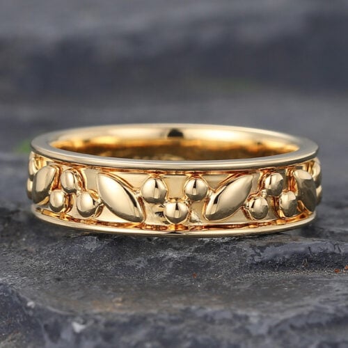 Yellow Gold Engraved Solid Wedding Band for Men Stacking Ring