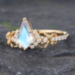 Unique Kite Cut Moonstone Engagement Ring Yellow Gold Art Deco Ring