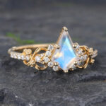 Unique Kite Cut Moonstone Engagement Ring Yellow Gold Art Deco Ring