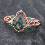 Filigree Kite Cut Moss Agate Engagement Ring with Emerald Accented (4)