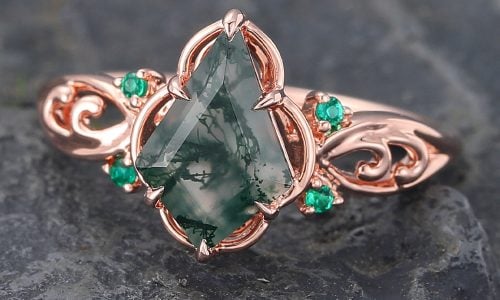 Filigree Kite Cut Moss Agate Engagement Ring with Emerald Accented (4) Filigree Kite Cut Moss Agate Engagement Ring with Emerald Accented (4)