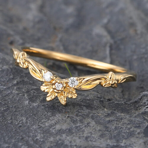 Moissanite Curved Wedding Band Leaf & Flower Yellow Gold | PattiRing
