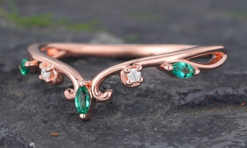 Rose Gold Filigree Emerald & Diamond Curved Wedding Band