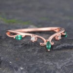 Rose Gold Filigree Emerald & Diamond Curved Wedding Band