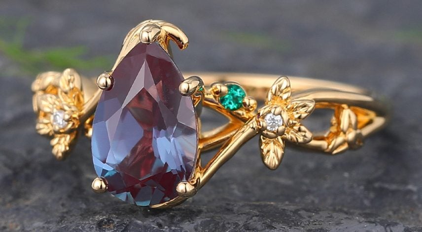 Vine Design Pear Shaped Alexandrite Split Shank Engagement Ring (2) Gemini birthstone