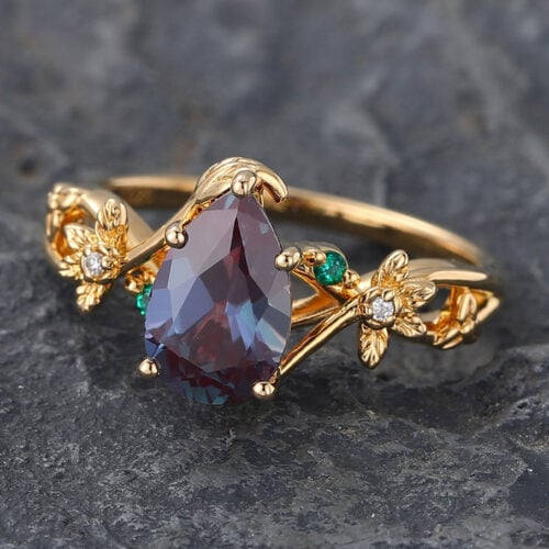 Vine Design Pear Shaped Alexandrite Split Shank Engagement Ring