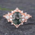 Vintage Oval Cut Moss Agate & Diamond Cluster Engagement Ring