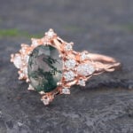 Vintage Oval Cut Moss Agate & Diamond Cluster Engagement Ring