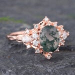 Vintage Oval Cut Moss Agate & Diamond Cluster Engagement Ring