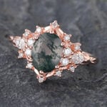 Vintage Oval Cut Moss Agate & Diamond Cluster Engagement Ring