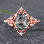 Vintage Oval Cut Moss Agate Engagement Ring Filigree Split Shank Ring