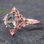 Vintage Oval Cut Moss Agate Engagement Ring Filigree Split Shank Ring