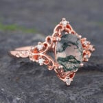 Vintage Oval Cut Moss Agate Engagement Ring Filigree Split Shank Ring