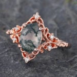Vintage Oval Cut Moss Agate Engagement Ring Filigree Split Shank Ring