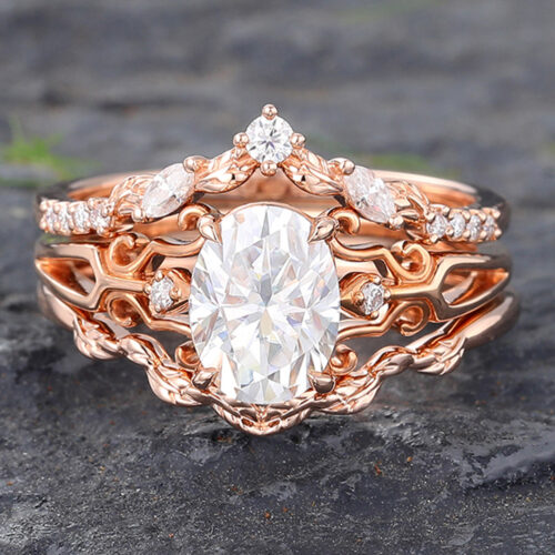 3PCS Oval Moissanite Engagement Ring Set Art Deco Filigree Bridal Ring Set