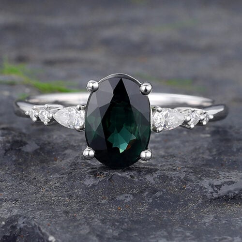 Oval Cut Green Blue Sapphire Engagement Ring with Pear Accented
